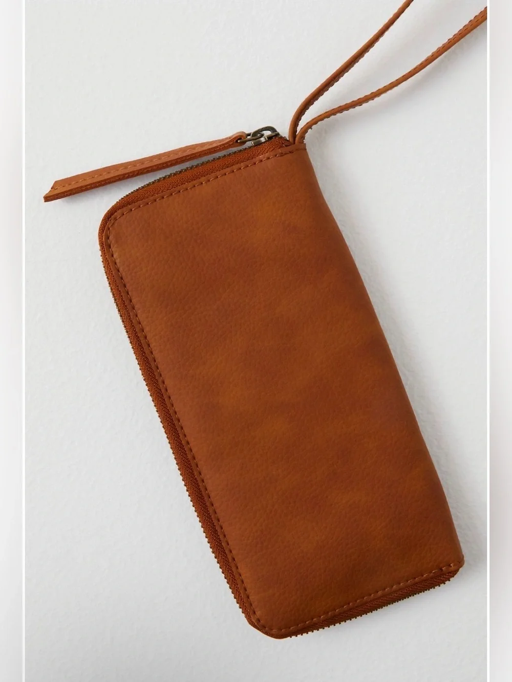 Free People / Cognac Brown Distressed Vegan Wallet Wristlet Clutch